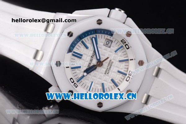Audemars Piguet Royal Oak Offshore Diver Clone AP Calibre 3120 Automatic Ceramic Case with White Dial White Rubber Strap and Stick Markers (EF) - Click Image to Close